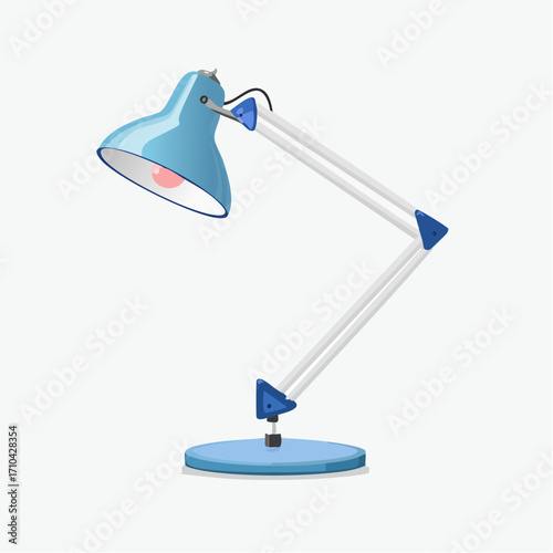 Illustration of a blue adjustable desk lamp with a white interior, standing on a round base, against a white background.