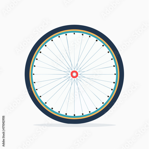 A vibrant, modern bicycle wheel with a blue rim and red hub, isolated on a white background. This flat vector illustration represents cycling, sport, and eco-friendly transportation