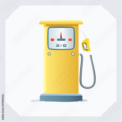 Classic yellow petrol pump dispenser with hose and nozzle. An isolated vector icon representing the automotive industry, fuel energy, and transportation
