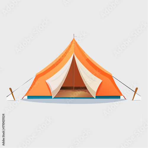 Classic orange camping tent illustration, set up for an outdoor adventure in the wilderness. Symbol of hiking, travel, and recreational activity
