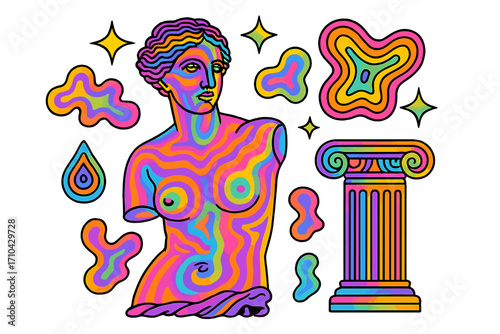 Psychedelic Greek Venus statue bust in an abstract linear style. Trippy surreal illustration of an ancient sculpture with an antique column, stars, and y2k vaporwave shapes.