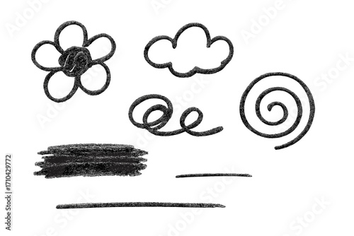 Black charcoal pencil scribble set. Childish drawing doodles including flower, cloud, and spiral. Grungy smear texture, rough crayon strokes, and sketchy thin lines. Vector.