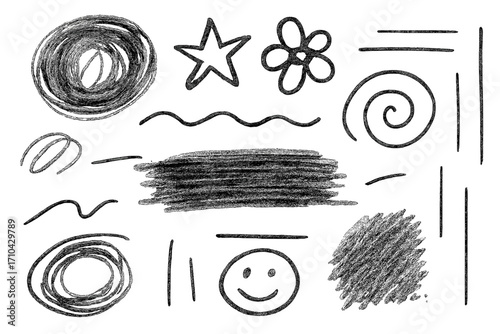 Hand drawn charcoal pencil scribble set. Childish doodle collection with lines, strokes, and shapes. Grungy sketch texture elements. Crayon smear and rough hatching vector pack.