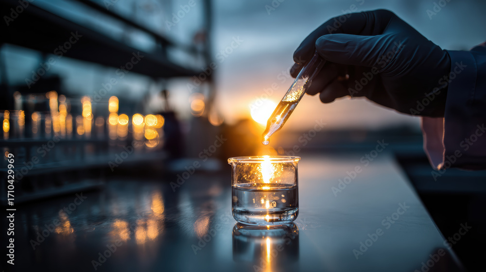 Fototapeta premium Hand holding glowing test tube in laboratory setting