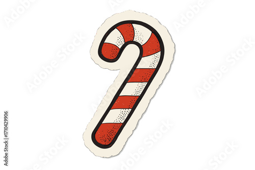 Candy cane Christmas halftone collage sticker. Torn out paper scrap element. Retro magazine clipping cutout shape. Vintage cartoon vector illustration for festive design.