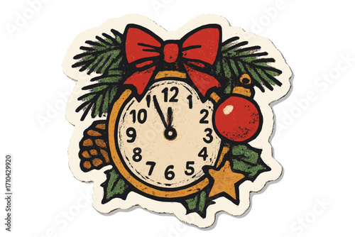 Christmas clock countdown to midnight. New Year's Eve celebration. Vintage halftone collage sticker with bow, pine, and ornament. Retro torn paper vector illustration.