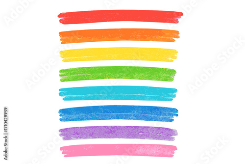 Hand drawn crayon brush stroke set. Colorful rainbow chalk pen highlight stripes. Rough kid's drawing texture. Vector underline elements for accent and emphasis design.