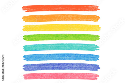 Set of colorful childish crayon brush strokes. Rainbow color chalk pen underlines and highlights. Rough hand-drawn texture for accent and emphasis. Kid art vector element.