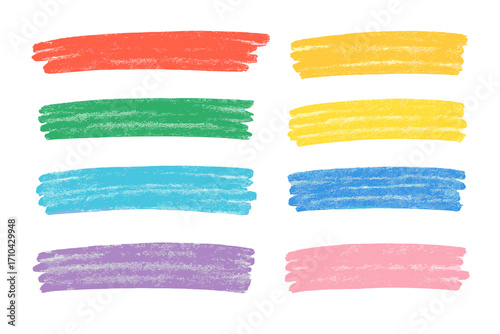 Set of colorful crayon brush strokes. Hand-drawn chalk underline and highlight elements for emphasis. Rough kid's scribble texture for design accent. Vector collection of wax pencil doodles.