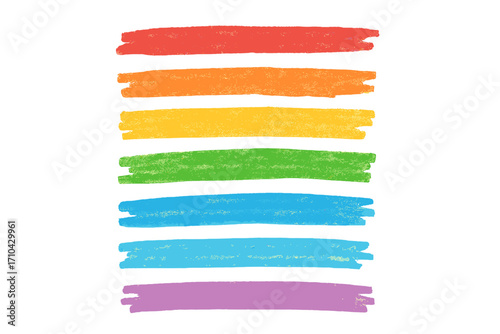 Set of childish crayon brush strokes. Colorful rainbow chalk pen highlight lines. Rough hand drawn scribble underline elements for accent. Kid doodle vector design collection.