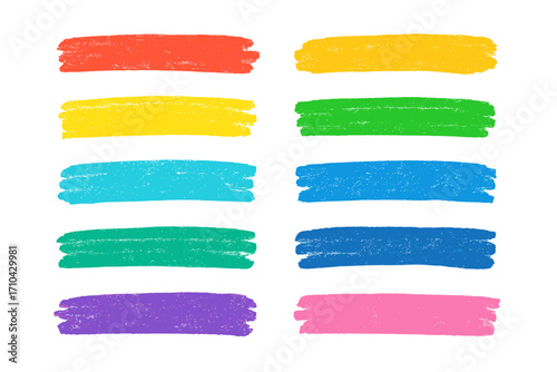 Set of colorful crayon brush strokes, hand-drawn chalk underlines, highlight elements. Collection of rough textured kid art accents for emphasis and graphic design.
