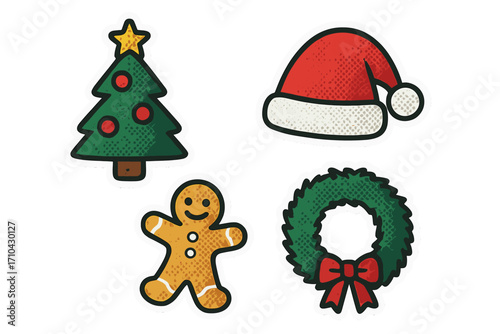 Christmas stickers set in trendy halftone retro style. Vector assets for collage and scrapbooking. Including Christmas tree, gingerbread man, Santa hat and fir wreath.
