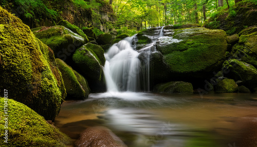 Serene Waterfall Cascading Into Mossy Rock Pools Within A Lush Forest
