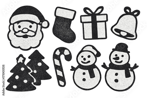 Christmas elements set with naive halftone collage effect. Vector Santa Claus, snowman, tree in photocopy stippling style. Childish Y2K vintage cartoon clipart collection.