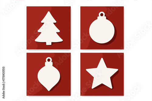 Christmas card set paper cut style. Modern minimalist design. Xmas tree, bauble, star silhouettes. 3d vector illustration with shadow. Square holiday greeting poster.