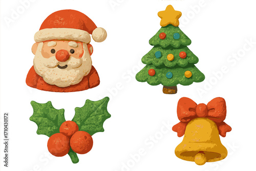 Cute Christmas character and element collection. 3D claymation style Santa Claus, tree, holly, and bell icons. Naive retro vector graphic set for holiday winter design.