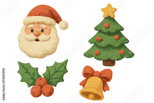 Cute Christmas character element collection with 3D claymation effect. Retro Santa Claus, tree, holly, bell icons. Vector holiday illustrations for festive winter decoration.