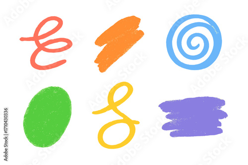 Set of colorful freehand charcoal strokes, squiggles, and shapes. Hand-drawn abstract collection with pencil and bright colored chalk. Vector scribble and smear textures.