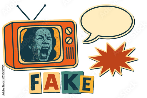 Fake news retro collage concept. Propaganda and misinformation metaphor with screaming face on vintage TV. Mass media manipulation, disinformation and sensationalism design.