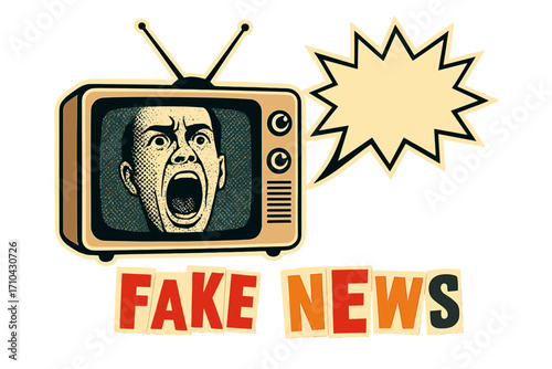 Fake news concept. Retro collage with a screaming man on a TV screen. Disinformation and propaganda metaphor. Vintage television with a halftone effect face and speech bubble.