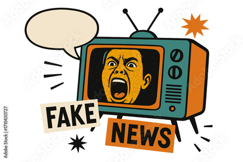 Fake news metaphor. Disinformation and propaganda concept. Screaming face on retro TV. Media manipulation. Pop art collage illustration with speech bubble and halftone effect.
