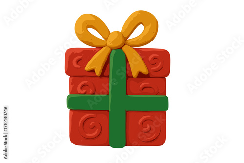 Christmas gift box in plasticine style. Red present with green ribbon and yellow bow. Handmade clay 3d icon for holiday, celebration, birthday, new year design element.