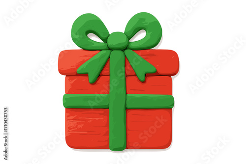 Christmas gift box in claymation style. Red present with green ribbon. Handmade 3d plasticine icon for holiday celebration. Cute childish vector illustration for Xmas.