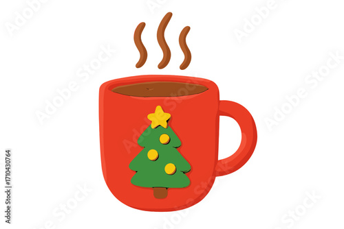 Christmas mug with hot chocolate, coffee or tea in a plasticine 3D style. Red cup with a Xmas tree decoration. Cute cartoon clay art for winter holidays. Isolated vector.