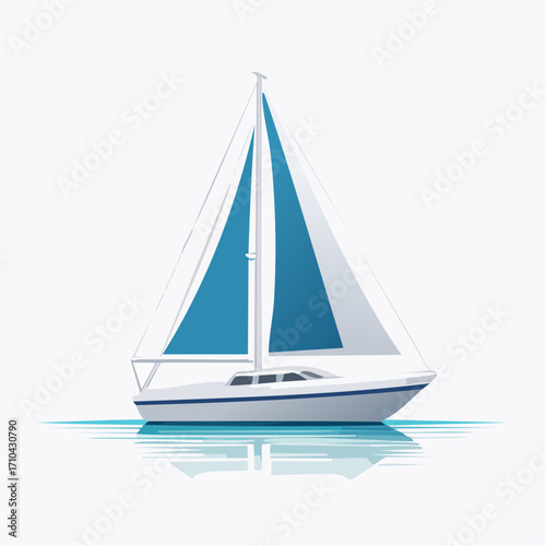 A white sailboat with blue and white sails is depicted on calm water, reflecting its image.