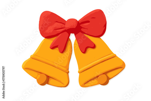 Christmas bells with red ribbon bow. Clay 3D element in naive childish style. Isolated plasticine holiday toy decoration. Jingle bells vector cartoon for festive winter design.