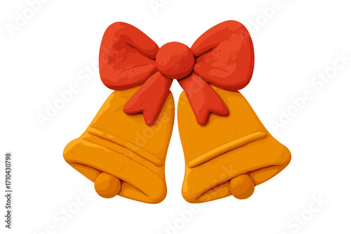 Christmas bells with red bow. Clay plasticine 3d element. Naive childish style for festive holiday design. Jingle bells vector illustration for Xmas and New Year celebration.