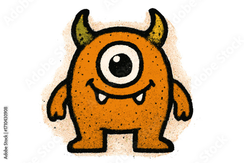 Graffiti spray monster for Halloween. Cute one-eyed character with spray paint texture. Funny cartoon alien for childish decoration or street art. Vector illustration isolated.