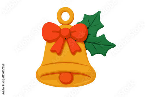 Christmas bell clay element in a naive childish style. Isolated plasticine toy for holiday decoration. Jingle bell with red bow and holly leaf. 3D vector cartoon illustration.