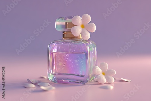 A holographic perfume bottle, adorned with delicate white flowers, sits on a soft pastel pink background