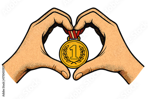 Hands in heart gesture holding gold medal. Love of winning concept. First place champion prize. Business success, sport victory, goal achievement pop art vector illustration.