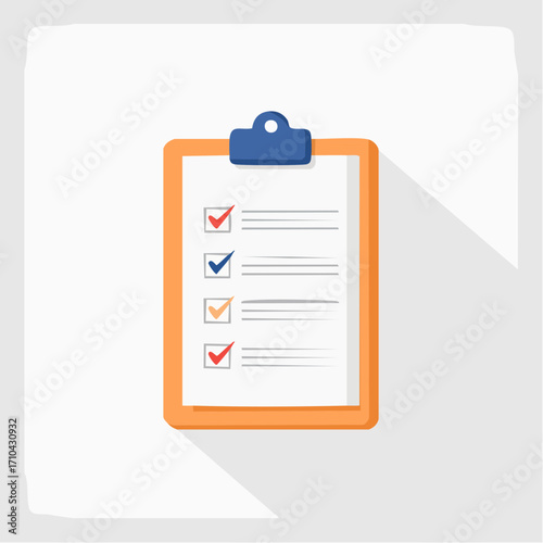 A flat design illustration of a clipboard with a checklist, showing completed and pending tasks.