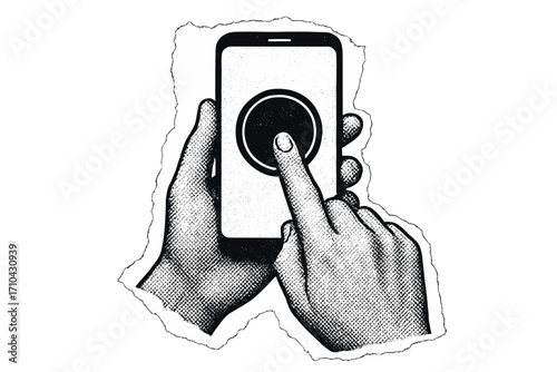 Halftone collage of hands holding a smartphone. Finger pushing a round button on the display. Concept for online voting, shopping, or clicking. Torn paper vector illustration.