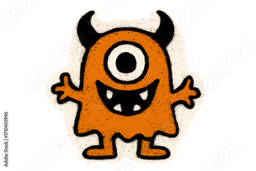 Cute monster character with one eye. Graffiti spray paint texture style for Halloween. Funny orange alien or devil cyclops. Childish vector art for decoration, isolated.