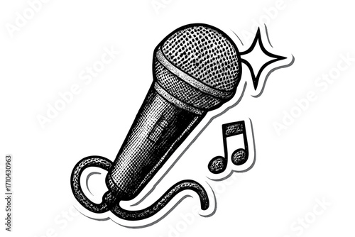 Retro microphone vector sticker. Halftone music mike illustration for karaoke, singing, and podcast. Vintage audio equipment for concert, show, or broadcast. Sound icon.