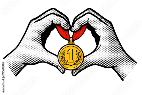 Hands in heart gesture holding a first place gold medal. Concept for business success, sport victory, love of winning, and goal achievement. Halftone vector illustration.