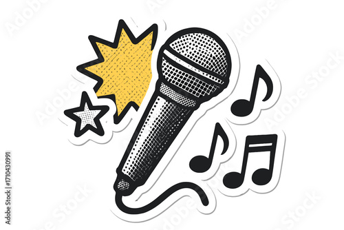 Halftone collage sticker with a microphone. Music mic for karaoke party or singing contest. Pop art vector illustration. Sound, concert, podcast, or show concept with musical notes.
