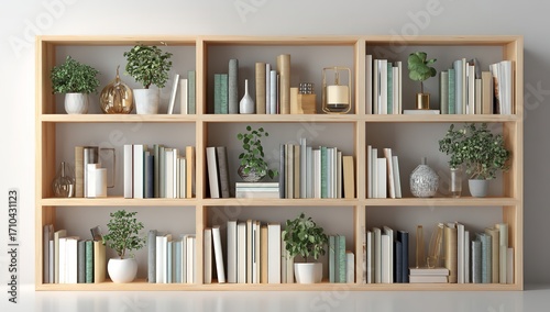 Minimal wooden shelves with books and decorative plants, stylish home interior design element, 3D illustration isolated on clean white backdrop