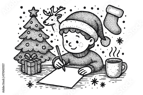 Child writing a letter to Santa Claus. Christmas wish list concept. Stippling dotwork vector illustration. Winter holiday scene with tree, gift, reindeer and stocking.