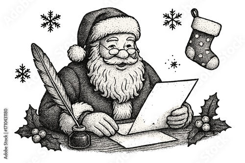Santa Claus writing his Christmas list with a feather quill pen. Vintage stippling style drawing. Holiday winter illustration with snowflakes, holly and stocking. Retro Xmas.