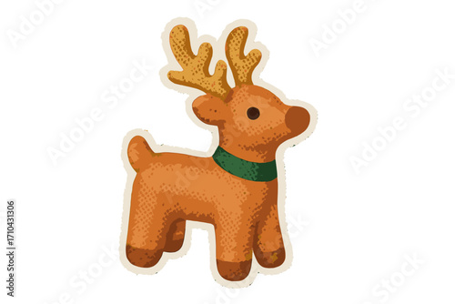 Reindeer Christmas torn paper sticker in naive halftone collage style. Vector vintage clay toy illustration. Cute cartoon animal for festive holiday scrapbook and decoration.