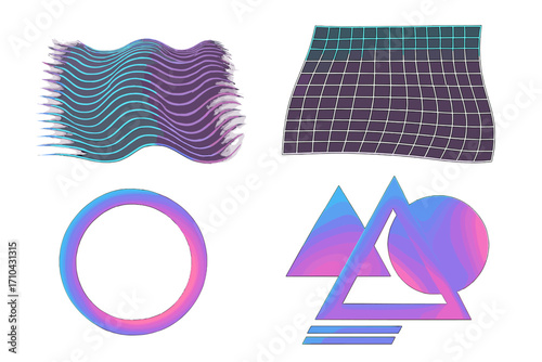 Retro cyberpunk holographic elements set. Abstract geometric shapes with soft neon gradient. Vaporwave futuristic technology concept. 80s synthwave style vector collection.