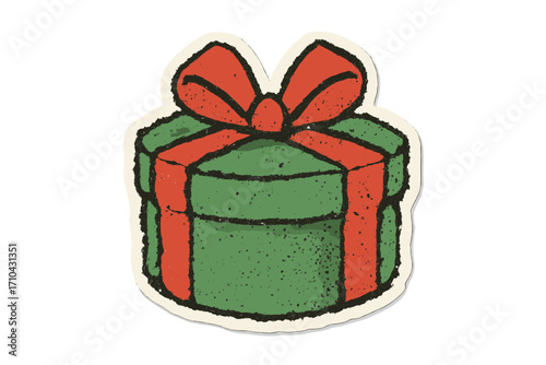Round gift box with red bow. Christmas halftone collage torn paper sticker. Cut out magazine clipping scrap. Retro cartoon illustration for birthday, holiday, anniversary.