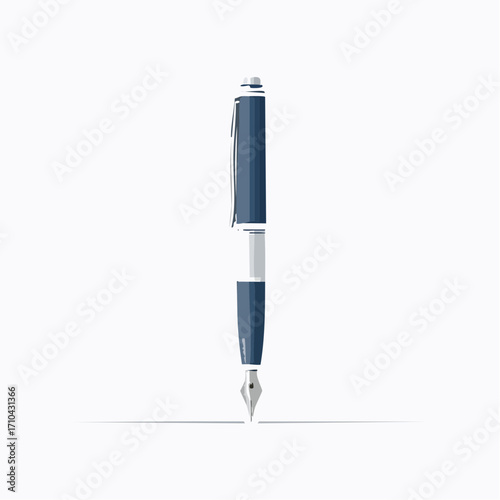 Sleek dark-blue fountain pen poised above white paper, ready to write.