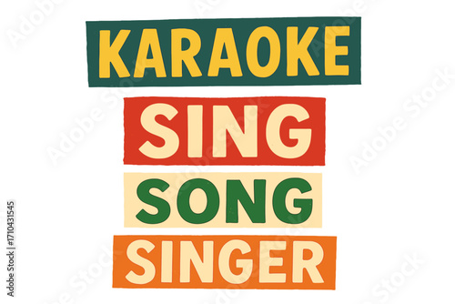 Music words collage elements. Karaoke, sing, song, singer. Ransom note effect typography. Letters cut from newspaper for clip art. Vector word cutouts. Retro alphabet.