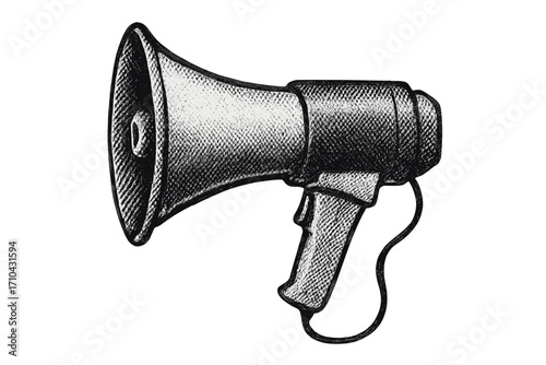 Megaphone illustration in retro halftone dot style. Loudspeaker for announcement, protest or news. Vintage black and white drawing. Communication concept for collage zine art.